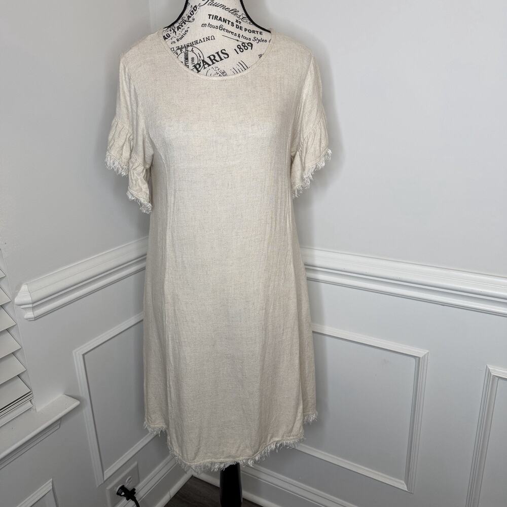 Umgee Women’s Sack Dress Ivory S Fringed Sleeve Ruffle & Hem Open Keyhole Back